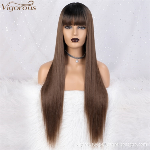 Vigorous Ombre Black Roots To Brown Middle Part Long Silky Straight Wig With Bangs Lace Front Synthetic Hair Wig